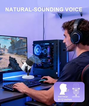 Gaming Microphone with Noise Cancellation & Mute Button, USB Condenser Mic for Streaming/Recording, Ultra-Compact Design, Compatible with PC/Mac/PS4/PS5, Podcast/YouTube/Twitch/Discord (White)