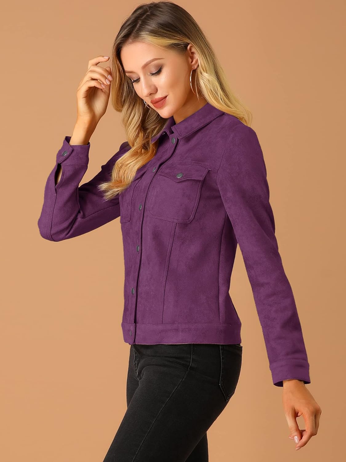 Allegra K Women's Turn-Down Collar Flap Pockets Snap Button Faux Suede Jacket at  Women's Coats Shop