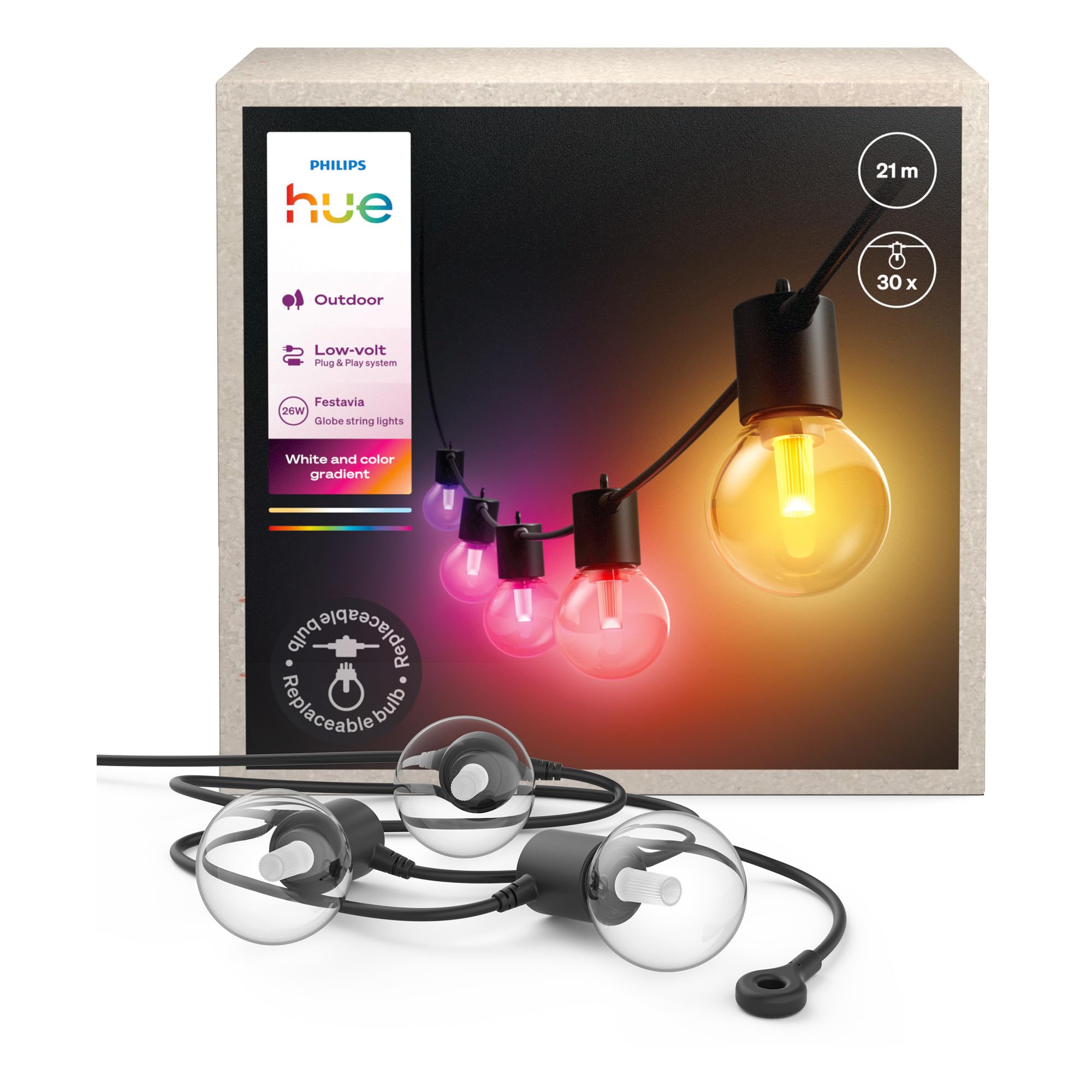 Lampki sznurkowe Philips Hue Festavia Globe na zewnątrz, białe i kolorowe, 21 m, 30 żarówek, ściemniane, sterowane aplikacją Hue, współpracujące z Alexa, Google Asystentem i Apple Home.