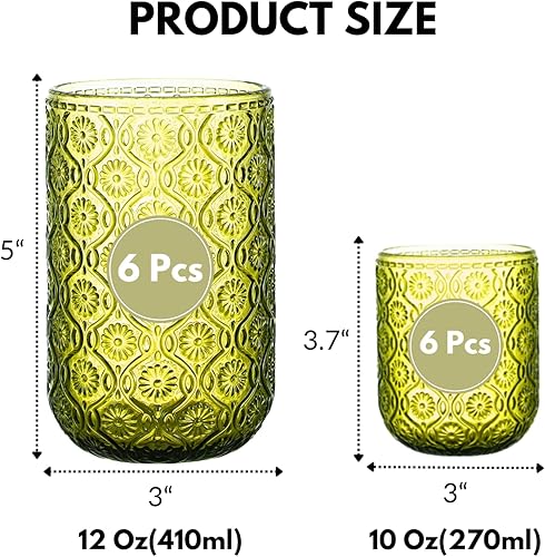 Miniatura 4 de Juego de 12 vasos verdes para beber, 12 onzas Highball y vasos de cóctel de 10 onzas, juego de cristalería vintage de cocina verde, vasos de vidrio