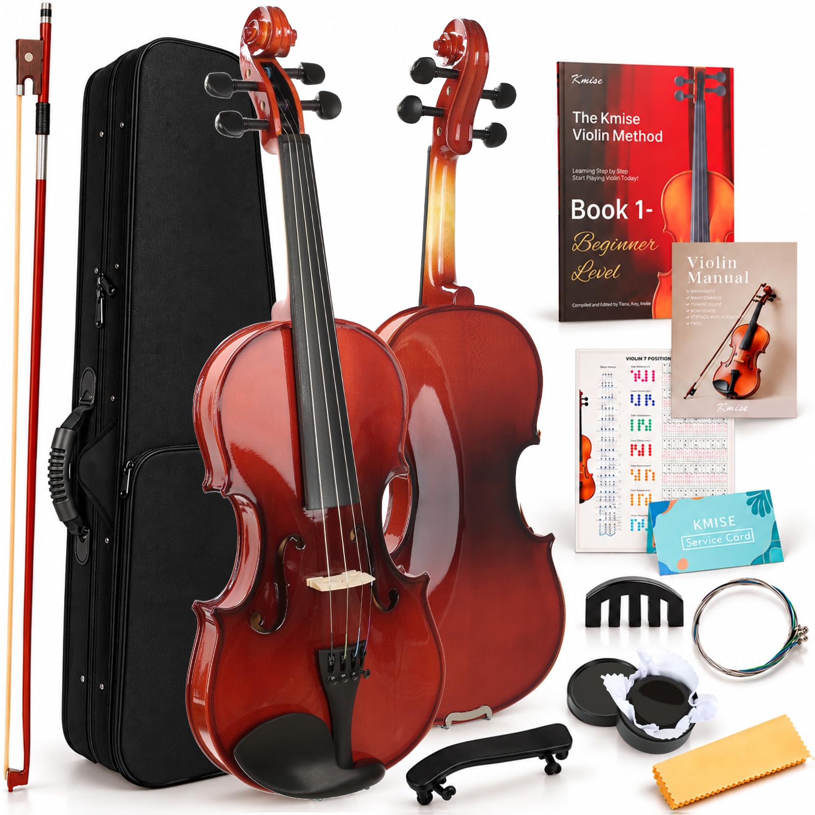 Kmise Teacher Approved 4/4 Full Size Violin Starter Kit for Adults Beginners Students, High Density Ebony Acoustic Violins, Fiddle Bundle with Case, Bow, Rosin, Strings, Shoulder Rest &amp; Guide