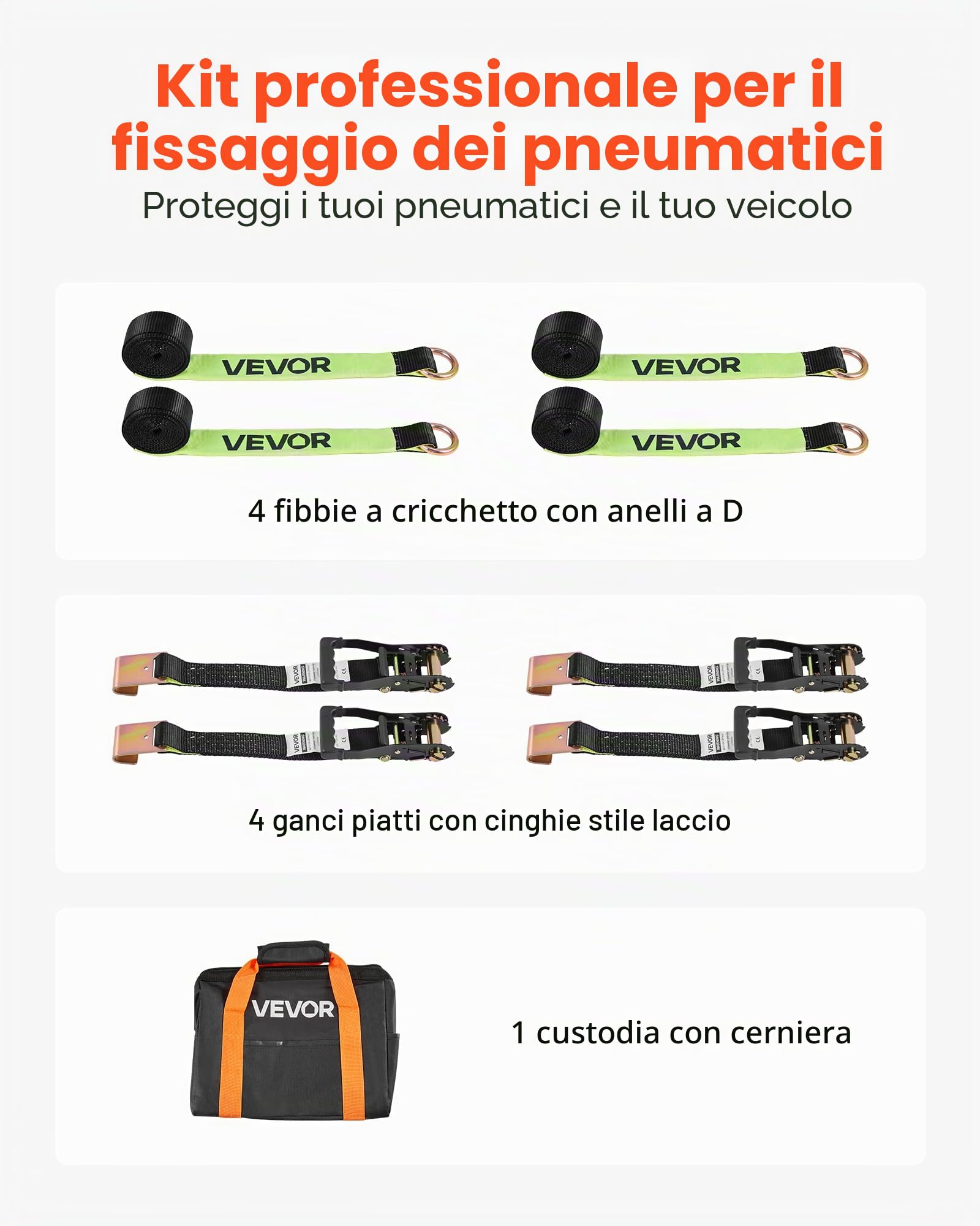 VEVOR Cinghie di Fissaggio per Ruote 50,8 x 3048 mm con Gancio Piatto Forza alla Trazione di 4540 kg, Sistema di Tensionamento per Pneumatici, Motociclette, SUV, Rimorchi, Nero