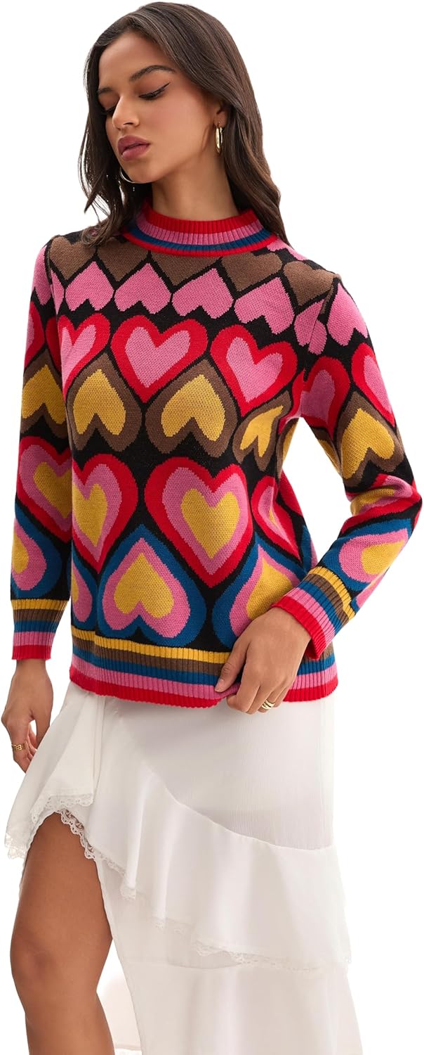 Froggirl Women’s Colorful Heart Pattern Crewneck Sweater – Soft Knit Pullover, Long Sleeve Jumper, Casual Warm Top - Image 2