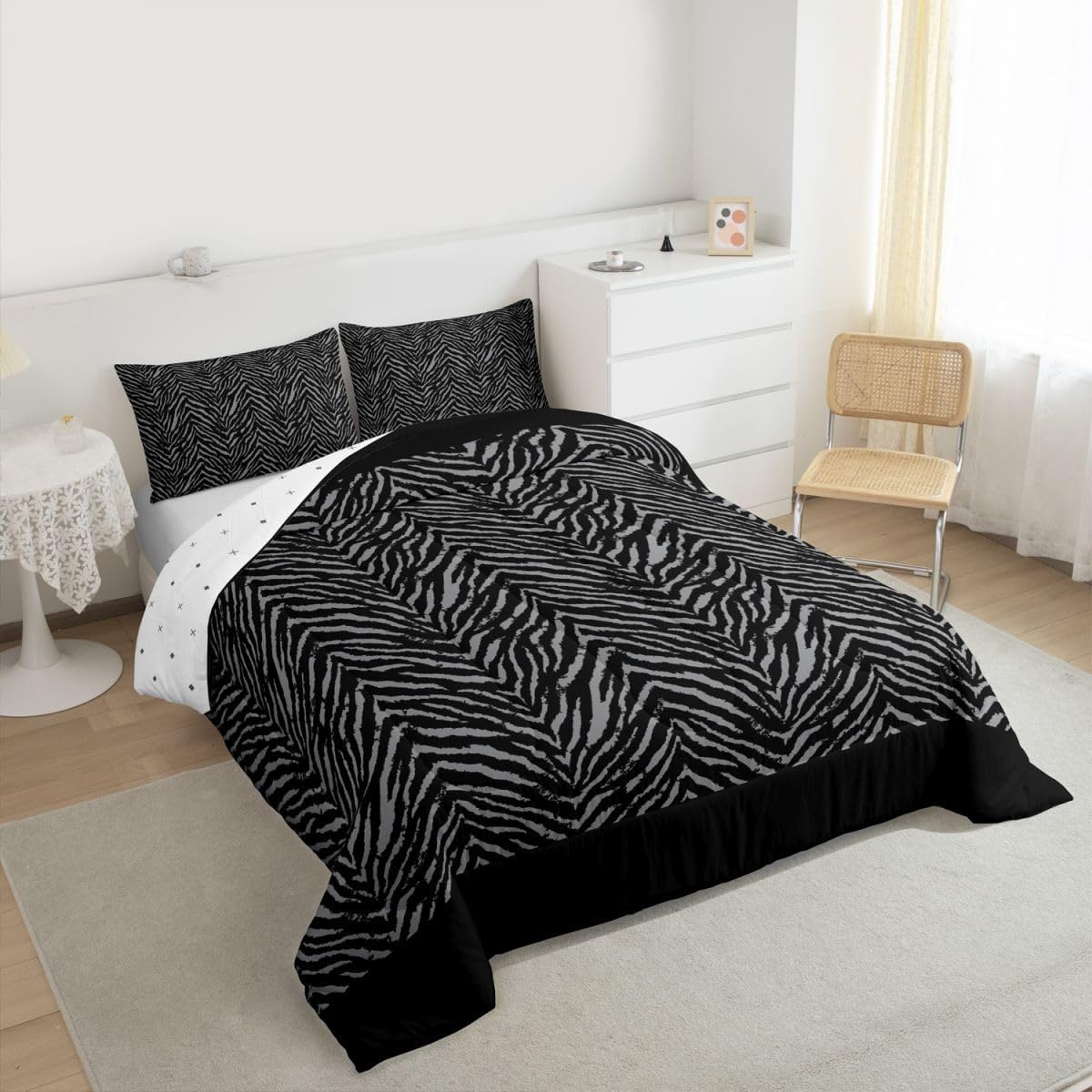 Castle Fairy Zebra Print Bedding Set Full Size Africa Wildlife Comforter Set Black Grey Animals Skin Quilt Set 3pcs for Kids Girls Boys Bedroom Decor Romantic Stripes Duvet Insert,2 Pillowcases