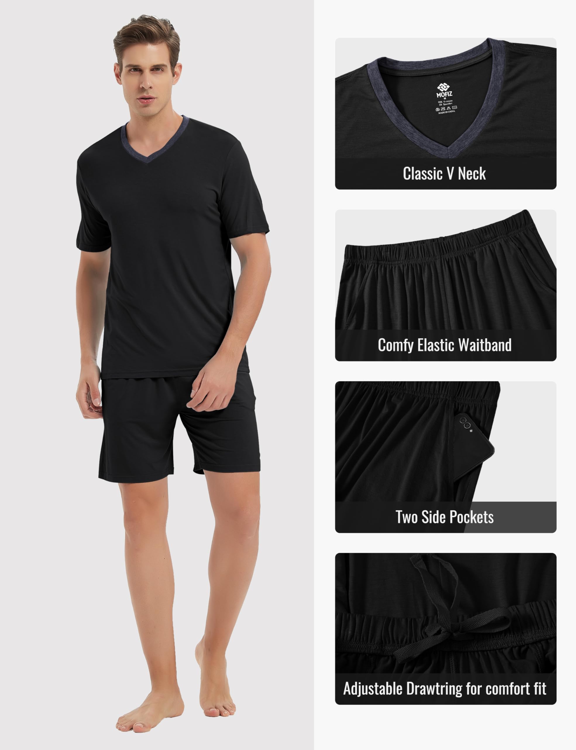MoFiz Pijamas Corto Hombre Verano Clásico Cuello V Camisetas Pantalon Pijama Manga Corta Ropa de Dormir Bolsillos