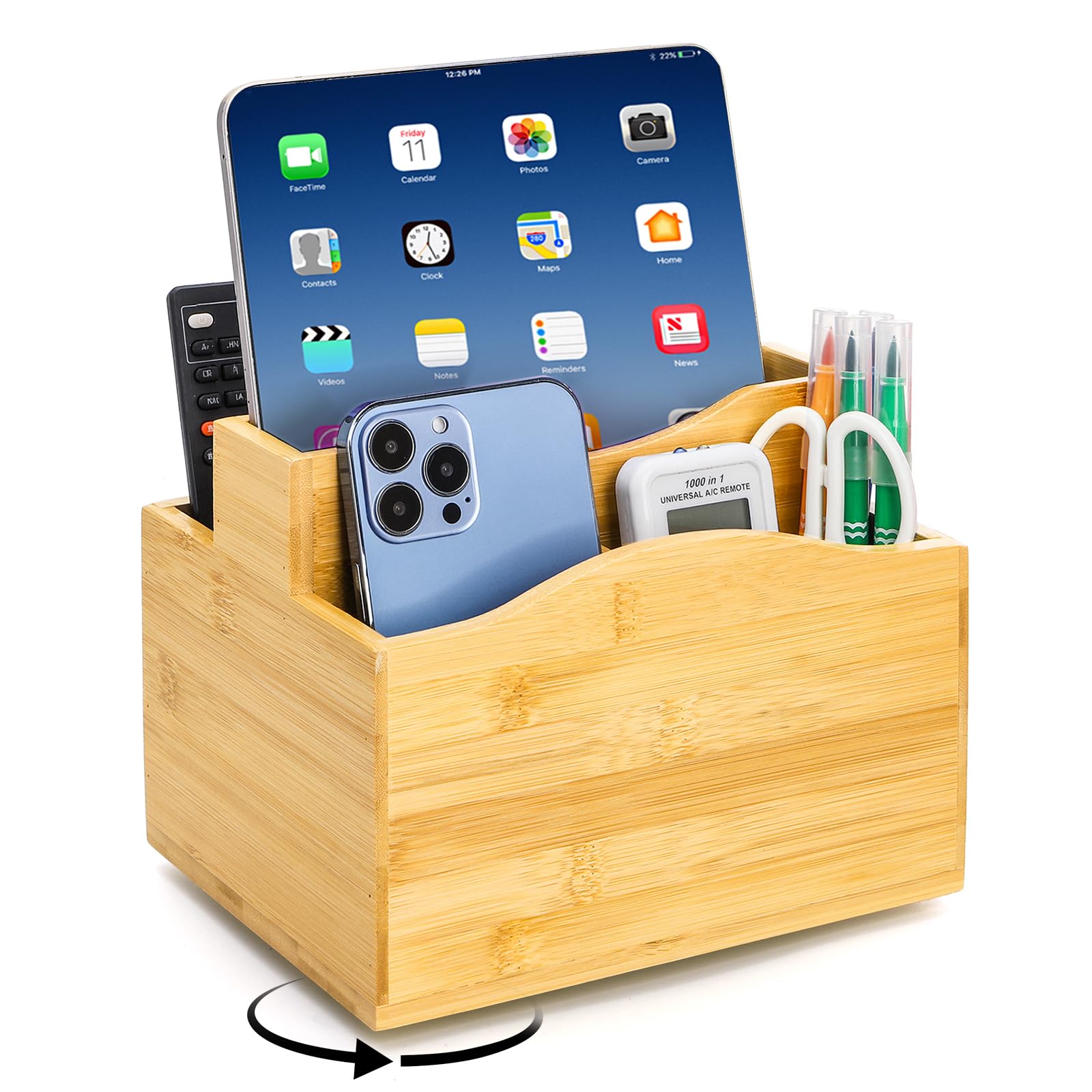 Rangement télécommande rotatif bambou 5 cases bureau et salon