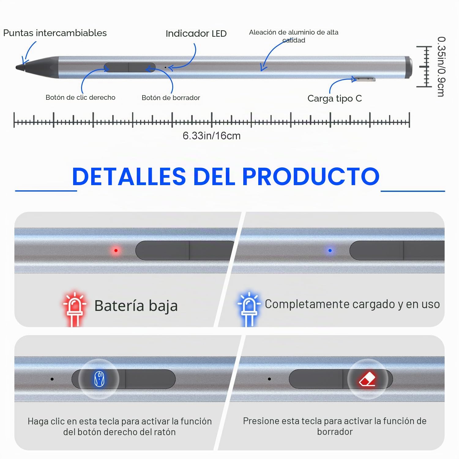 Lápiz para Surface Pro 12/11/10/9/8/7/X, Stylus Recargable con Rechazo de Palma, 4096 Niveles de Presión y Borrador, para Surface Laptop 1-5, Surface Go 3/2, Book, Studio