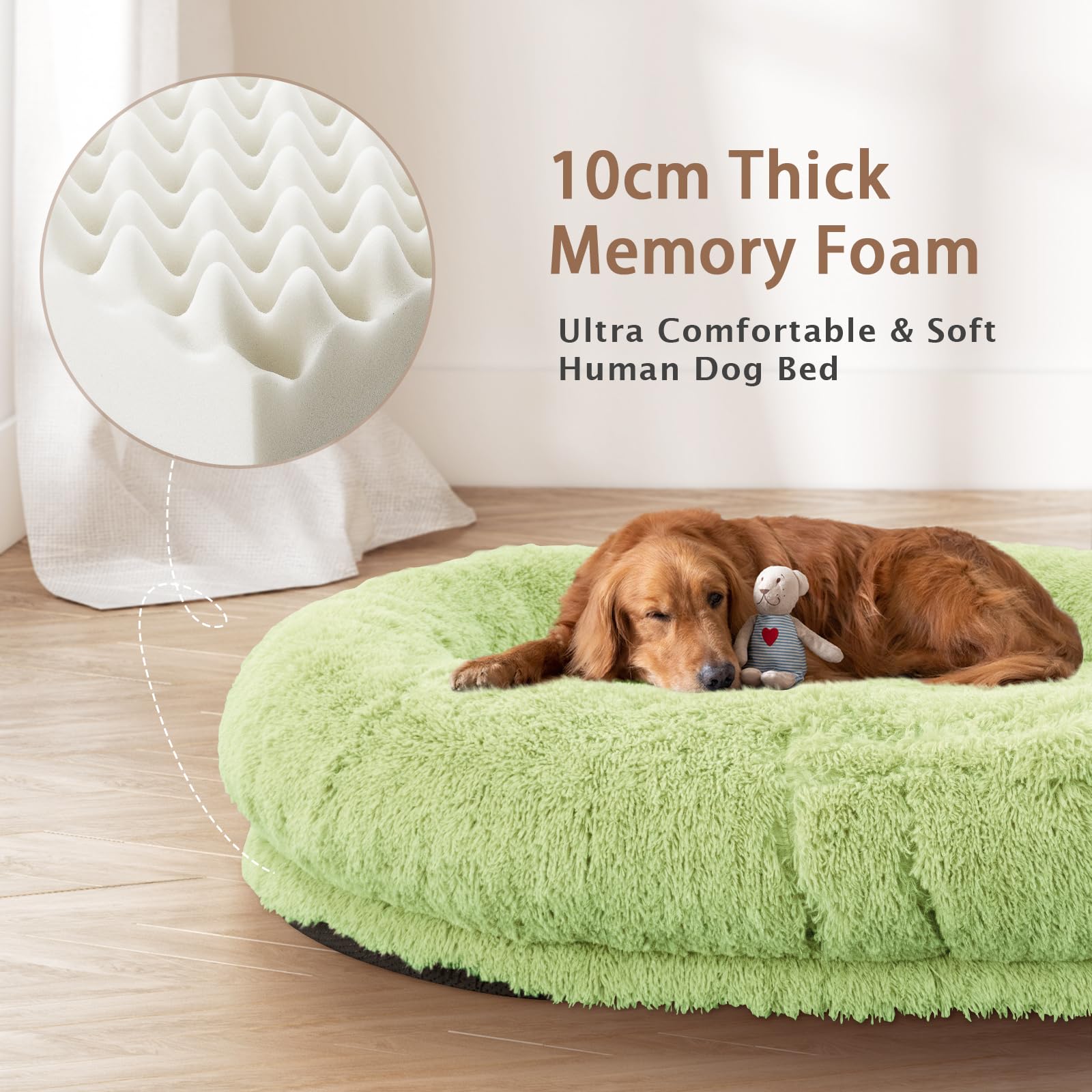 ROOMTEC Human Dog Bed, 71''x45''x12'' Size Fits Adult and Pet Washable Giant People Bed 10 CM Thick Memory Foam Large Oversize Pet Bed with Plump Pillow, Blanket, Strap - Pink: Green 78"L x 51"W x 12"H
