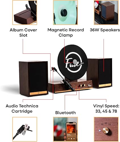 Miniatura 8 de Fuse GLD - Tocadiscos de vinilo vertical con altavoces, ribete dorado, Bluetooth 5.3, AUX, altavoces externos de gama completa, cartucho premium,