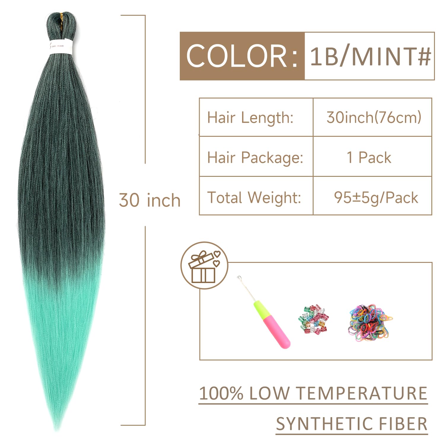 Pre-Stretched Braiding Hair ShowJarlly Soft Free Synthetic Fiber Corchet Braids Natural Black 1Pack/Lot Knotless Braiding Extensions Hot Water Setting Braiding Hair (30 Inch,1B/Mint#) - Image 2