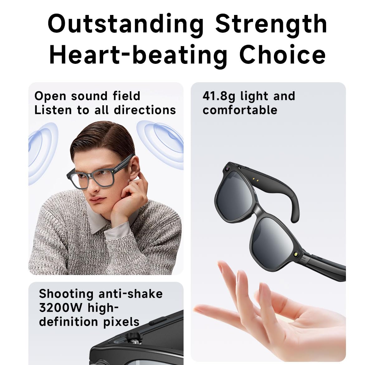 Lunettes Intelligentes AI avec Caméra 8MP, Lunette Camera Bluetooth Homme, Traduction IA Temps Réel, Audio Open-Ear, Lentilles Automatiques, Protection UV, Vidéo HD 1200P