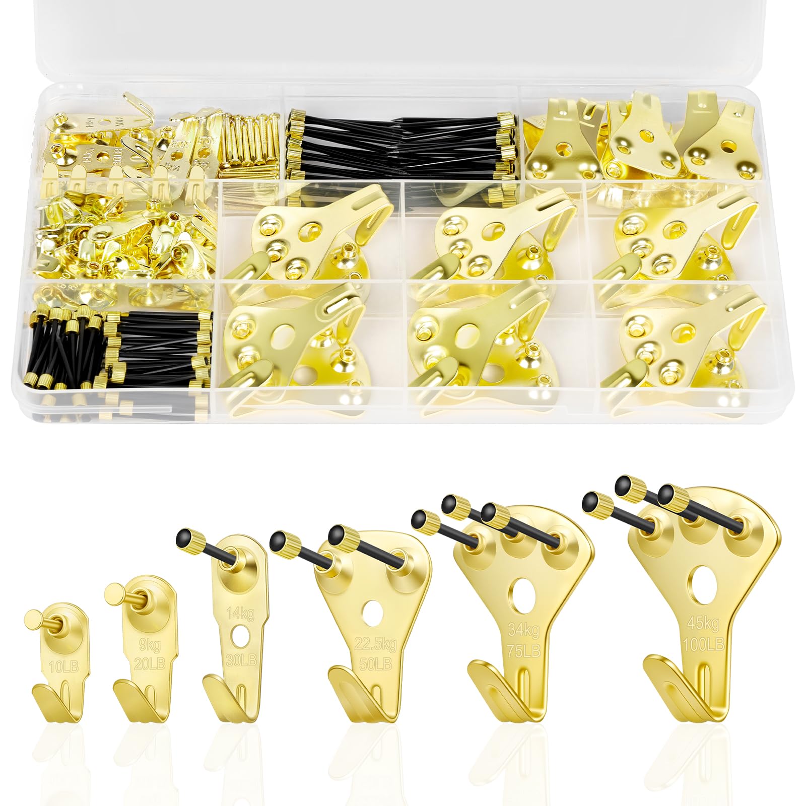 vsshe Picture Hooks Heavy Duty, Picture Hanging Kit, 160PCS Picture Frame Hook with Nails, Hold (100 75 50 30 20 10 lbs) Hanging Clock Photo Mirror Painting, for Plasterboard Wood Dry Walls Hardwall