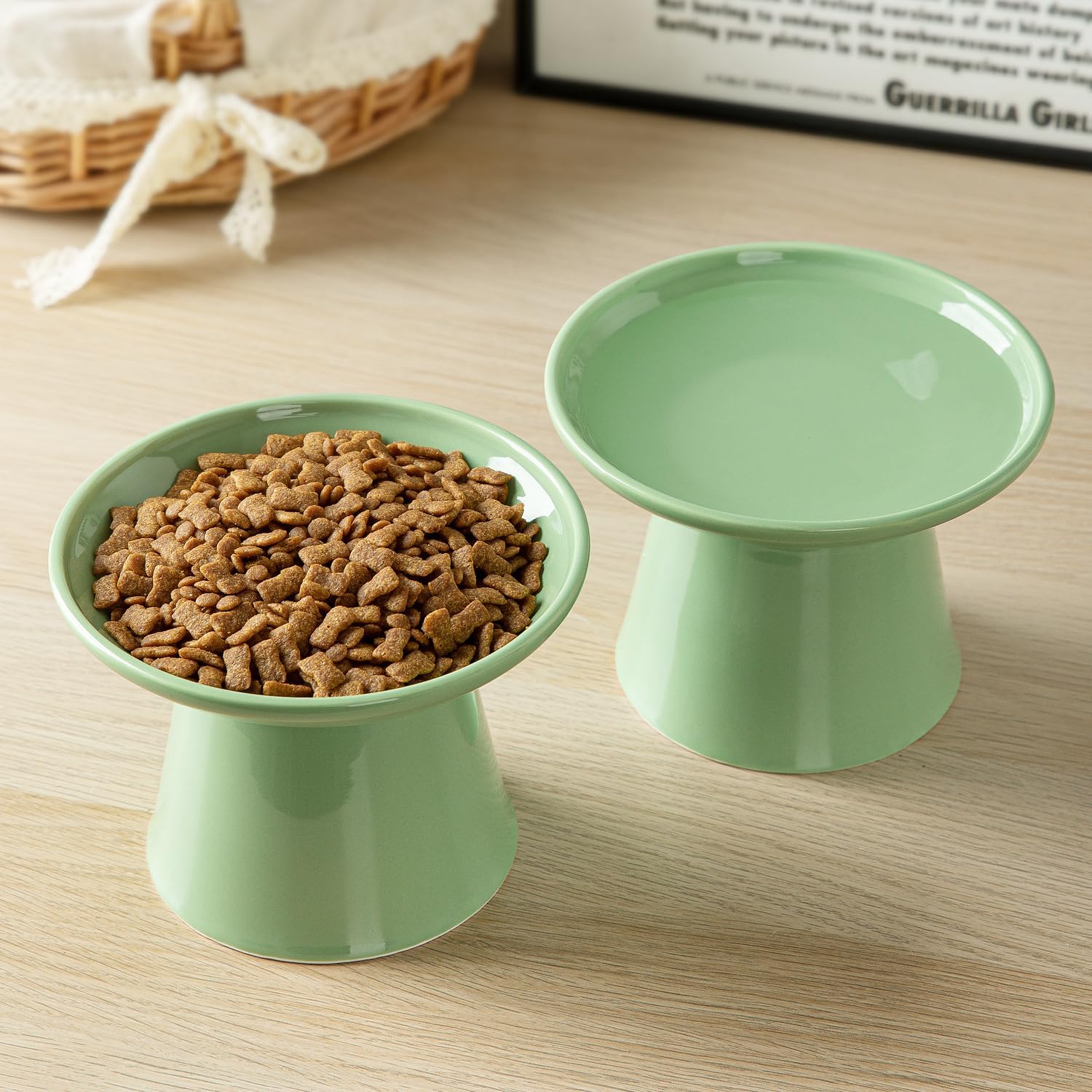 6.2 Inch Extra Wide Elevated Ceramic Cat Bowls, Food and Water Bowl Set for Elder Big Cats Small Dogs, Raised Design for Pet Easy Eating, Protect Cat's Spine Set of 4(Green)