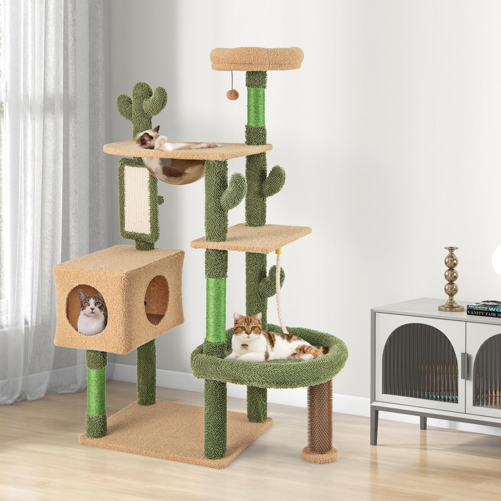 COSTWAY Arbre à Chat Cactus 150 cm, Tour pour Chats à 5 Étages, 4 Plateformes, Condo, Capsule, Arbre à Chat XXL, Brosse d'Toilettage, Planche à Griffer, 3 Poteaux à Griffer en Sisal