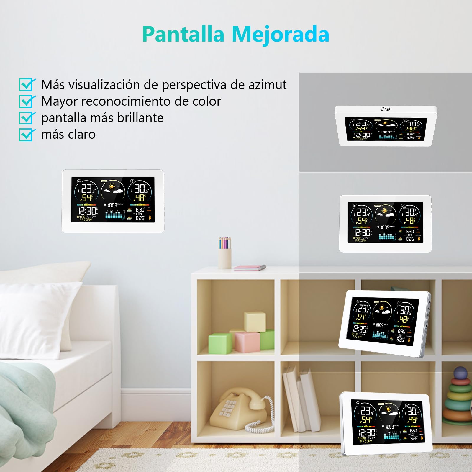 Estación meteorológica inalámbrica con sensor exterior, pantalla digital a color, reloj controlado por radio DCF, termómetro, higrómetro, estación meteorológica inalámbrica con previsión meteorológica — view 4