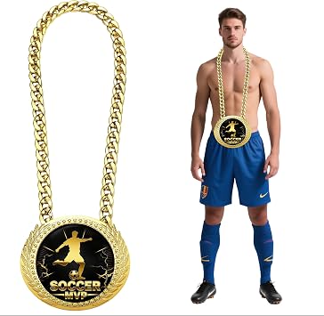 Goutoports Championship Soccer Medal Turnover Chain, 6-Inch Giant Gold MVP Medal, World Cup Style Award Trophy with Gift Box for Soccer Player Competitions & Parties, MVP Winner, Team & Party Prizes
