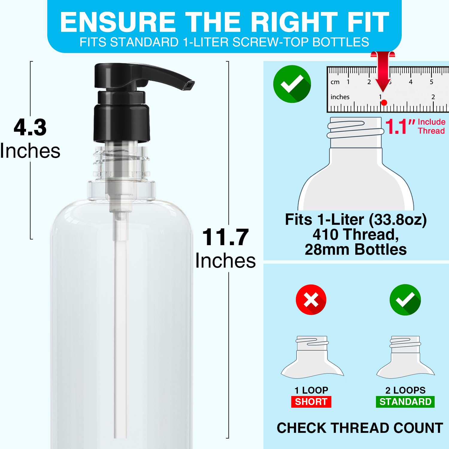 4-Pack Shampoo Pump for Liter 33.8 oz Shampoo and Conditioner, Pump Dispenser Fits Most Salon Brand Bottles with 1-inch Wide Opening, White Replacement Pump for Hair Products, Body Wash, Lotion, Gel