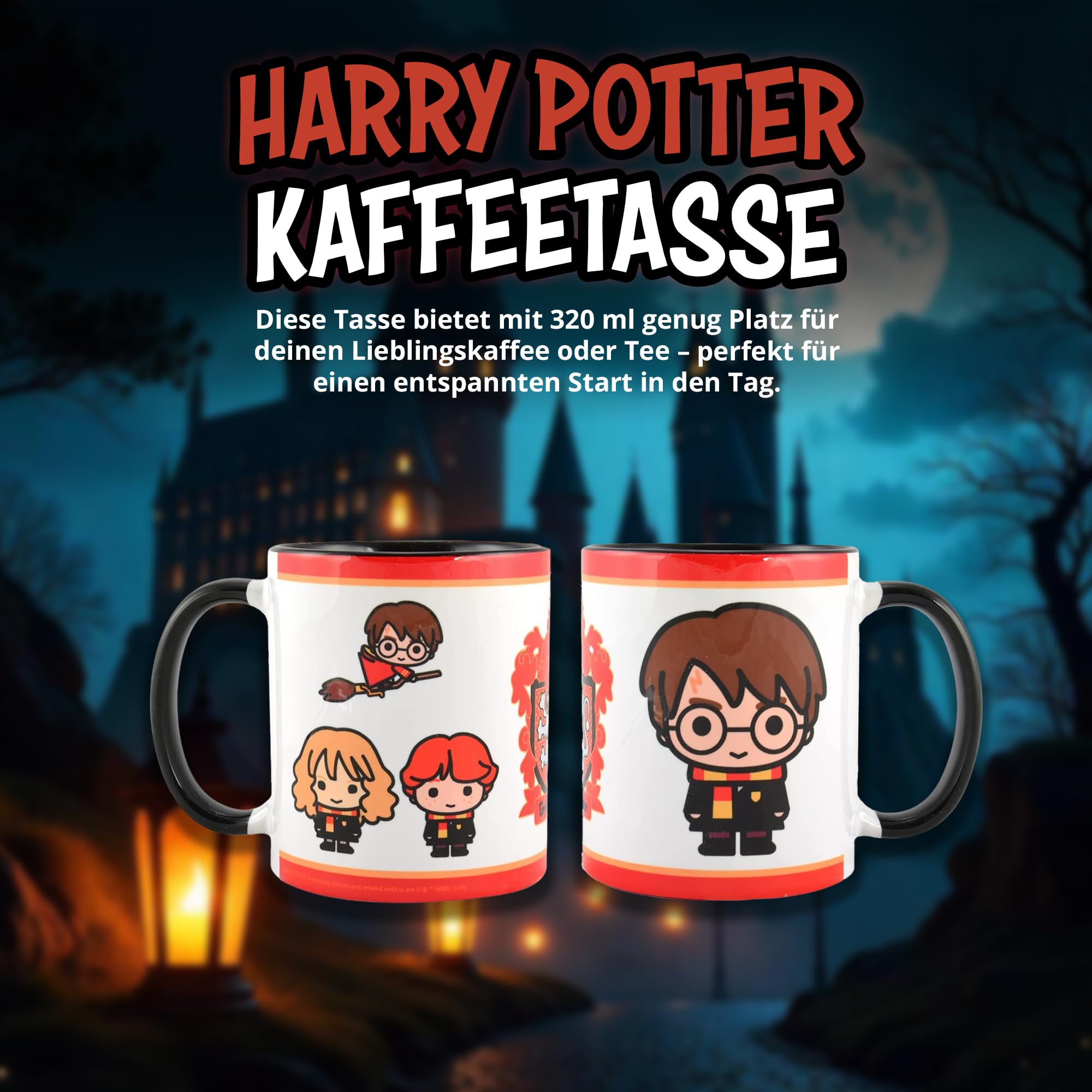 Harry Potter Keramik-Tasse 320 Ml | Gryffindor Becher Mit Ron, Harry & Hermine Motiv | In Geschenkbox