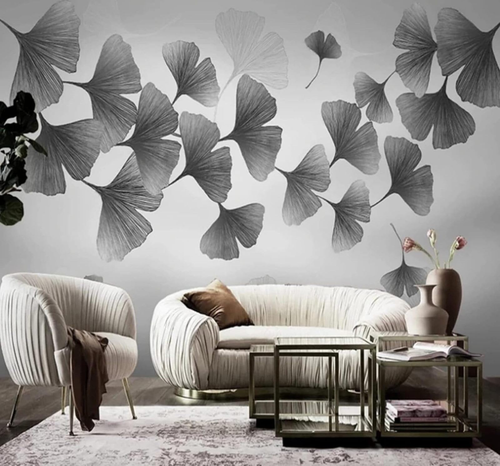 Minimalist Hand Drawn Black and White Ginkgo Leaf Art 3D Wallpaper Easy Install Feature Office Living Room Sofa Bedroom TV Background Wall Decoration-300cm×210cm