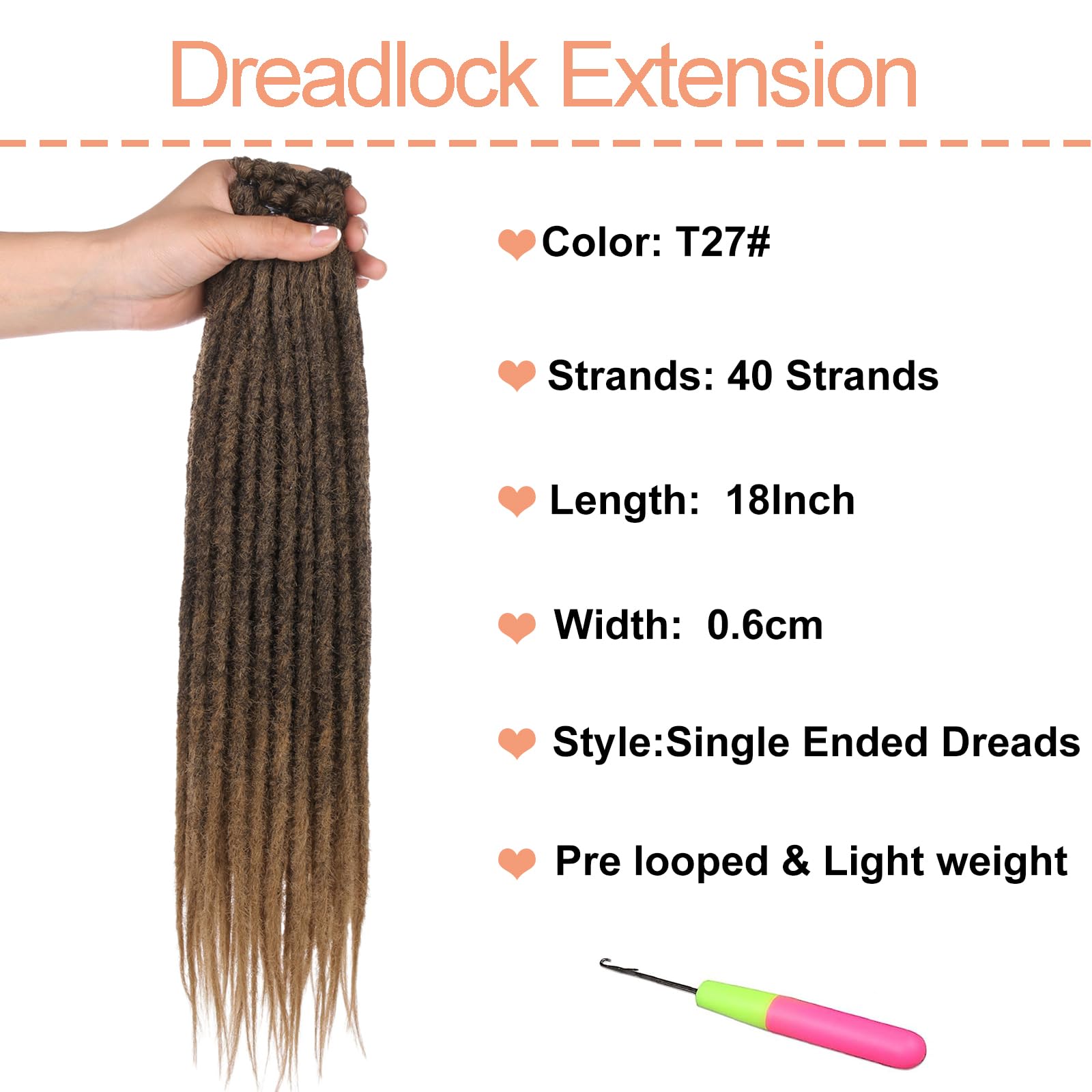 Mscat 18 Inch Synthetic Dreadlock Extensions 40 Strands 0.6 cm Width Single Ended Crochet Dreads Reggae Style Braiding Hair Ombre Brown Handmade Loc Extensions - Image 2