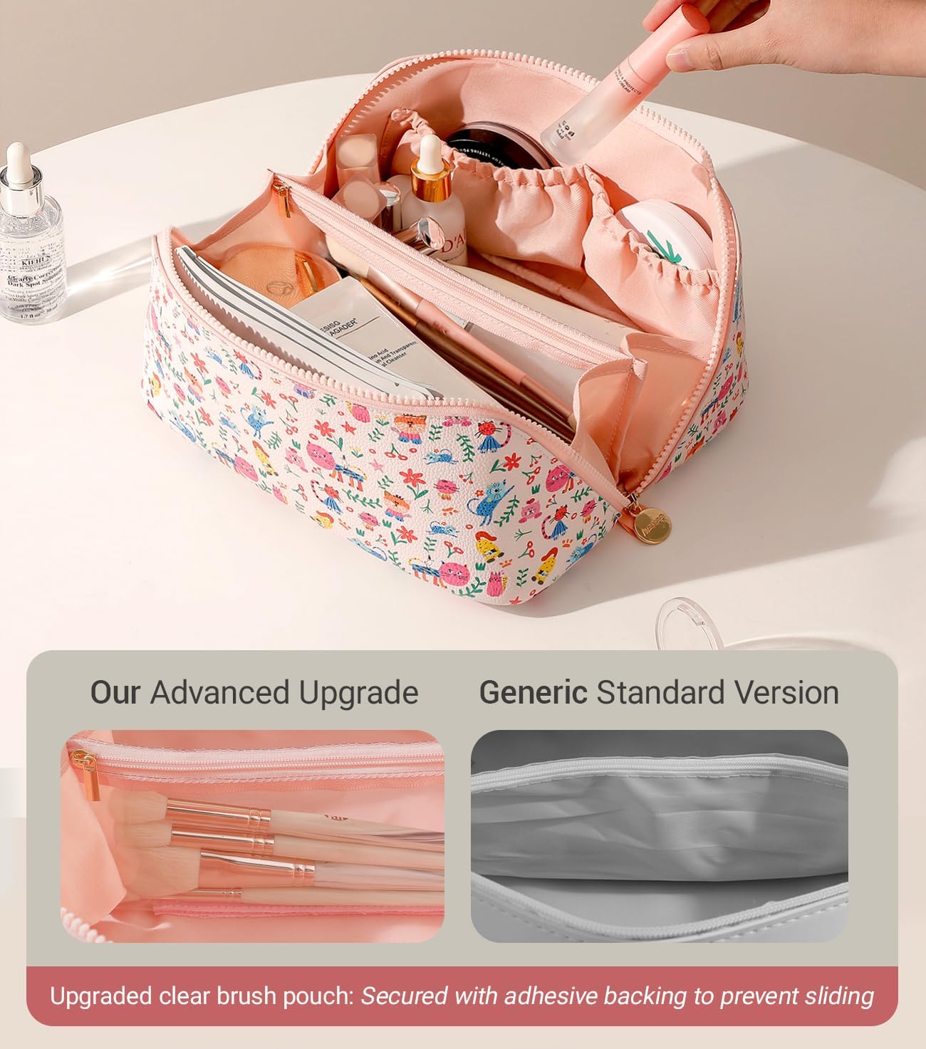 Aveniee Travel Makeup Bag for Women, Large Cosmetic Organizer with Open-Flat Design, Clear Divider & Handle - Waterproof PU Leather Toiletry Case, Cat Pattern
