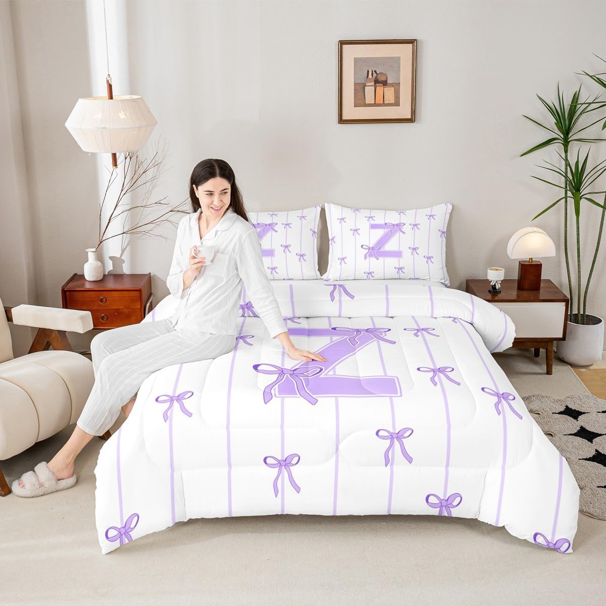 jejeloiu Cute Bowknot Comforter Set All Season Girls Purple Bow Bedding Set with 2 Pillow Cases Initial Letter Z Kids Queen Bedclothes Monogrammed Bedroom Decor Kawaii Coquette Bows Duvet Quilt