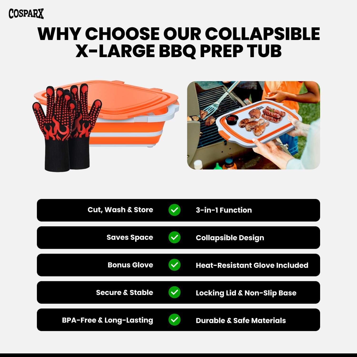 XL Collapsible BBQ Prep Tub with Cutting Board & Drain Plug – Portable Food Prep Station for Kitchen, Camping & Grill – Dishwasher Safe, Space-Saving Design – Heat-Resistant Glove Included (Orange)