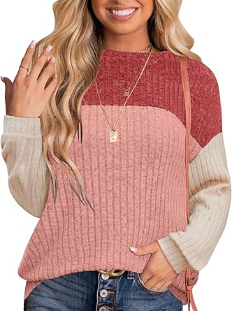 MixShe Womens Sweaters Color Block 2025 Fall Fashion Crewneck Tunic Tops S-XXL