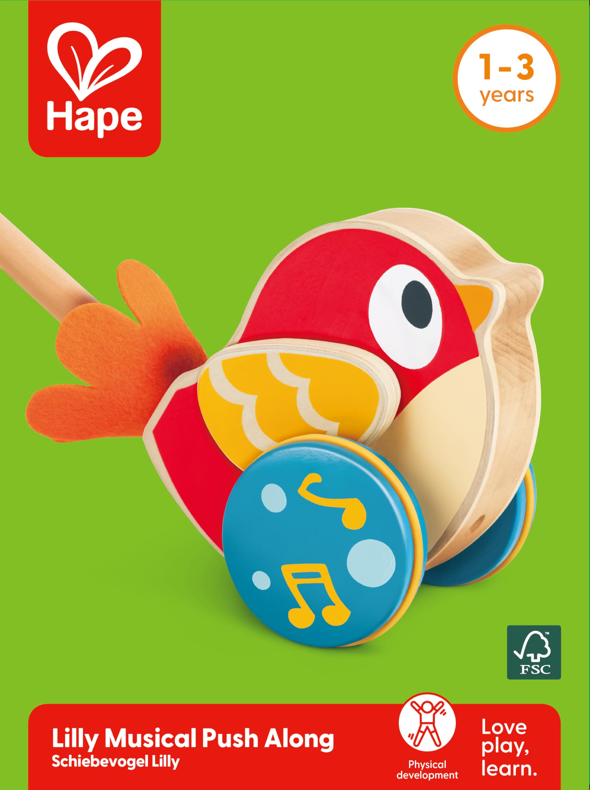 Hape Lilly L'Oiseau Jouet Musical Jouet en Bois Enfant 1 an et Plus - Jouet à Tirer Musical - Motricité, Imagination & Dextérité de l'enfant - Jouet 1 an 100% Sûr - Taille du Manche Réglable