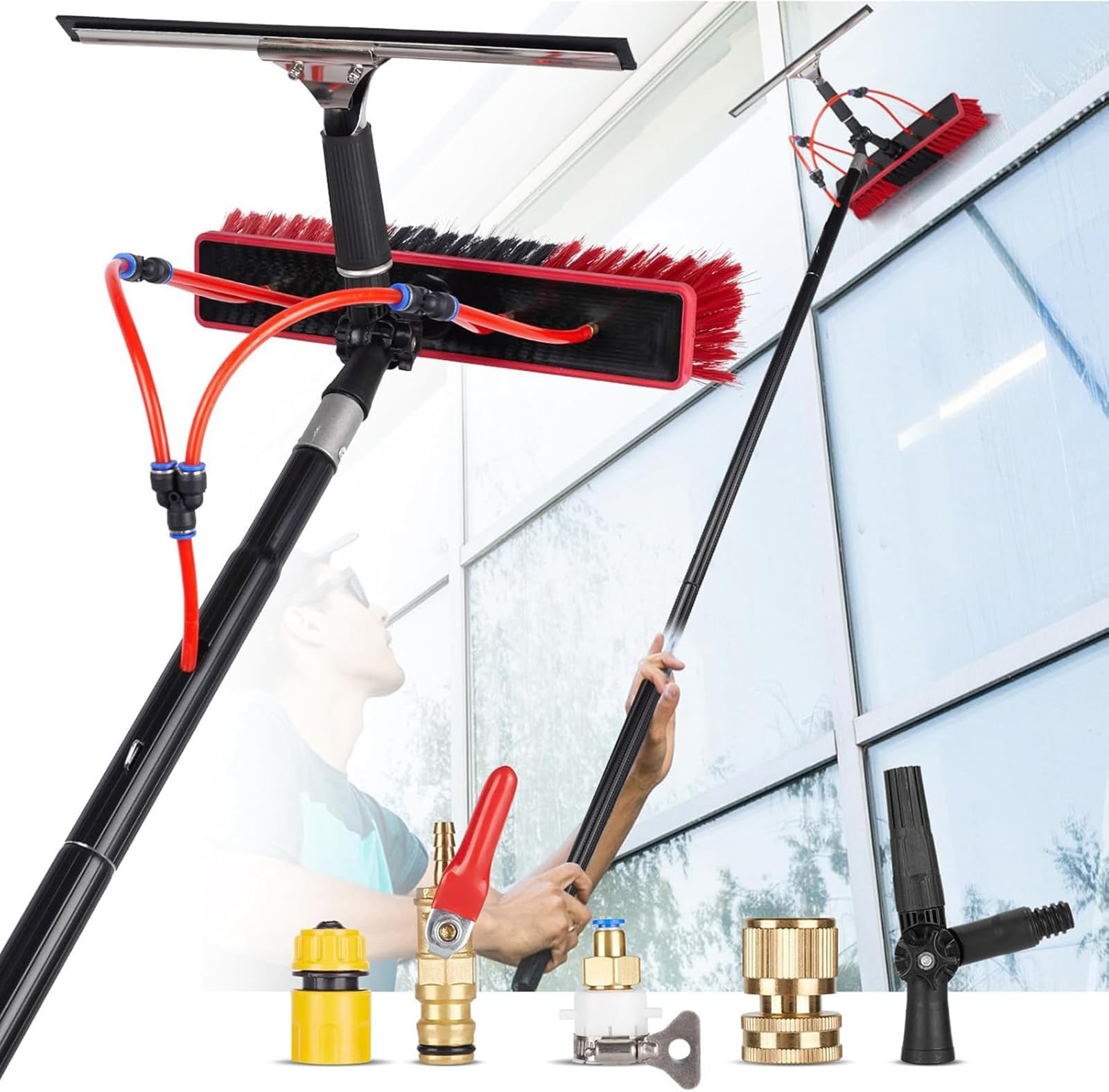 Kit de pértiga Ajustable con Suministro de Agua de 10 m (33 pies) con Cabezal de Cepillo Giratorio de 180° para Limpieza de Ventanas, caravanas, Paneles solares y terraza