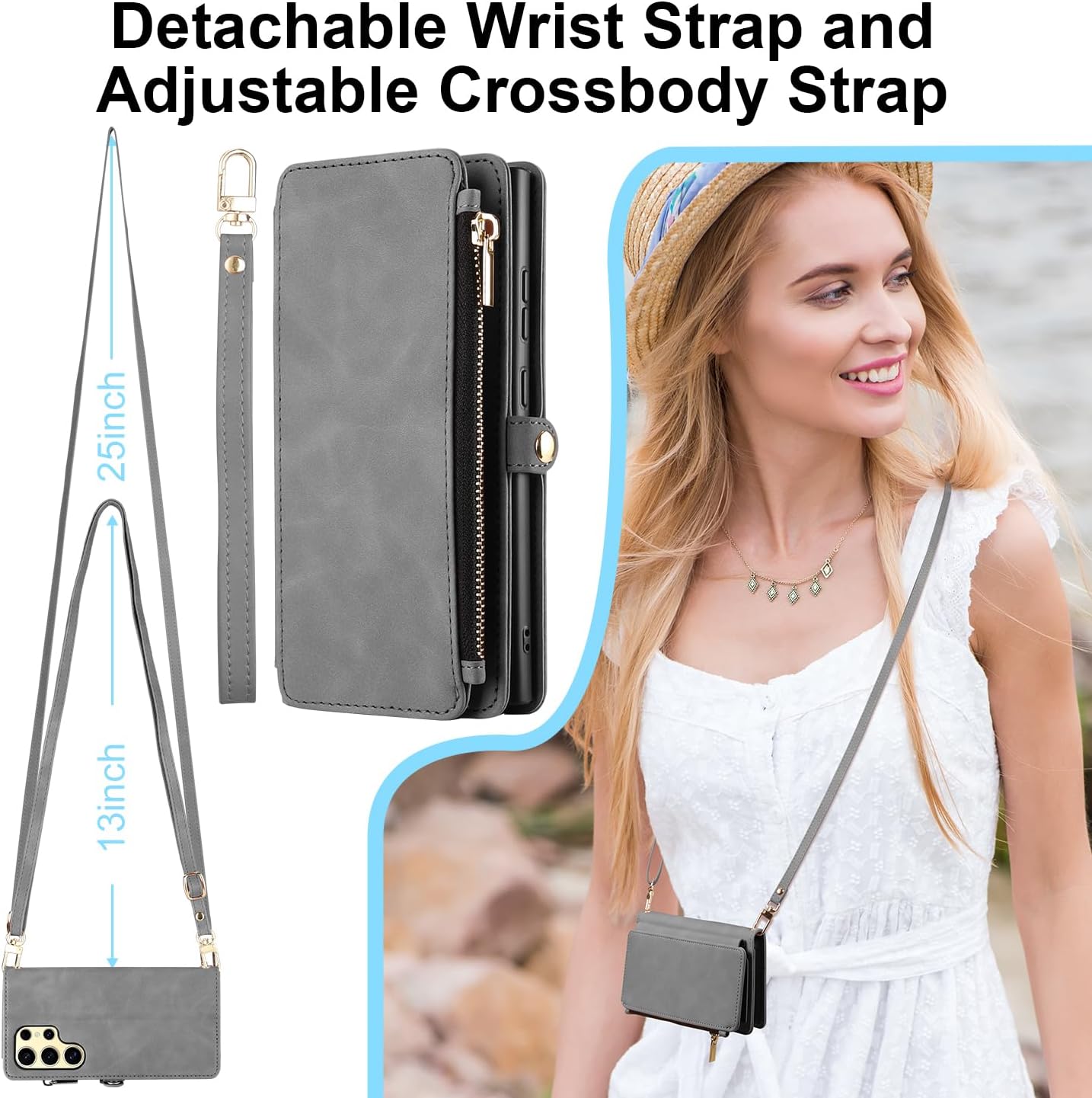 ELESNOW Wallet Samsung Galaxy S24 Ultra Case for Women Men, PU Leather with Card Holder [RFID Blocking] Wrist Strap Crossbody Zipper Stand Magnetic Flip Phone Case Cover for Samsung S24 Ultra, Gray