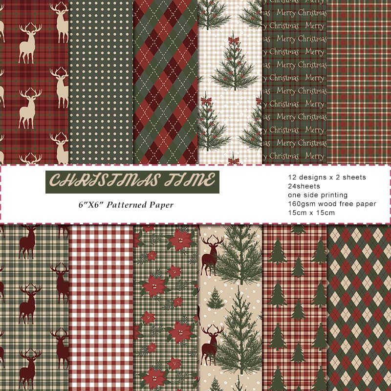 Christmas Scrapbook Paper 6x6 - 12 Design 24 Sheets Single Sided Scrapbooking Patterned Specialty Collection Decorative Craft Paper Sheet for Card Making Photo Album