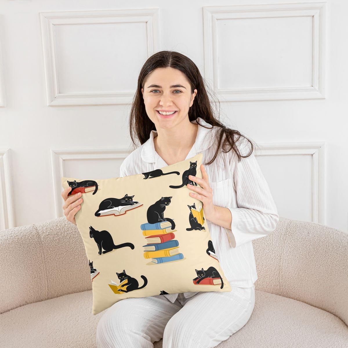 Castle Fairy Cats Reading Books Throw Pillow Covers (Pack of 2),Cute Black Cat Cushion Cover for Kids Girls Teens Cartoon Pet Kittens Pillow Cases Modern Beige Living Room Sofa Bed Decor,18" Lx18 W image 4