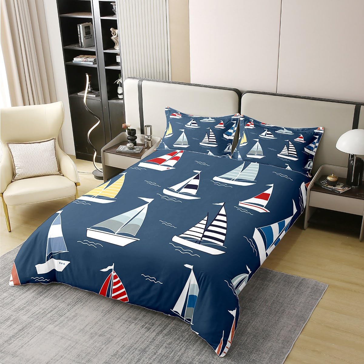 Loussiesd Kids Boat 100% Cotton Duvet Cover King Size Nautical Bedding Cotton Duvet Cover Set Ocean Themed Comforter Cover Set Navy Blue Bedspread Cover - Image 3