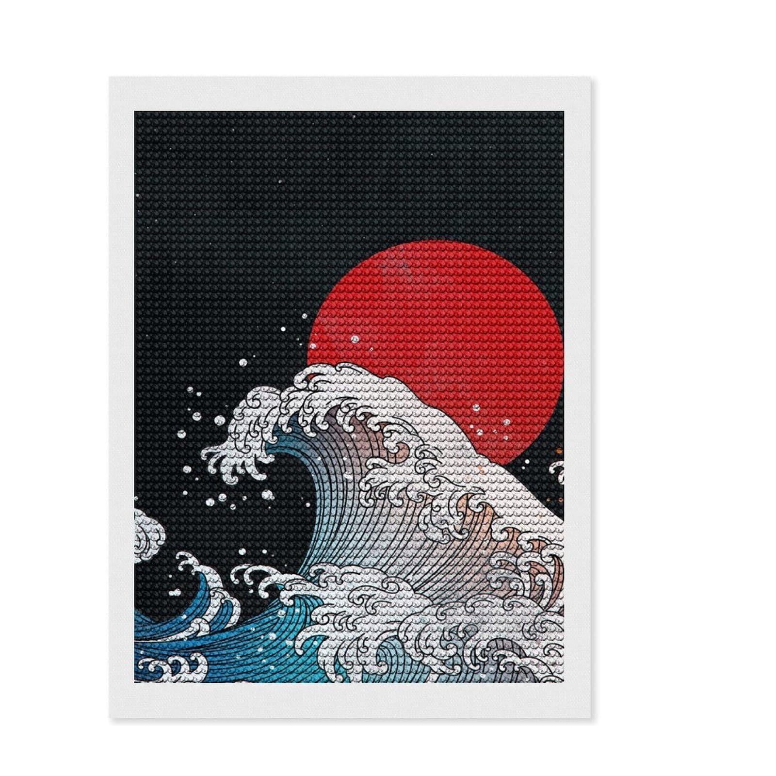 Junmoney Japanese Wave DIY Diamond Art Canvas Kit 12"x16", Sparkling Round Gems, Adhesive Canvas, Office Decor, Holiday Gift Idea