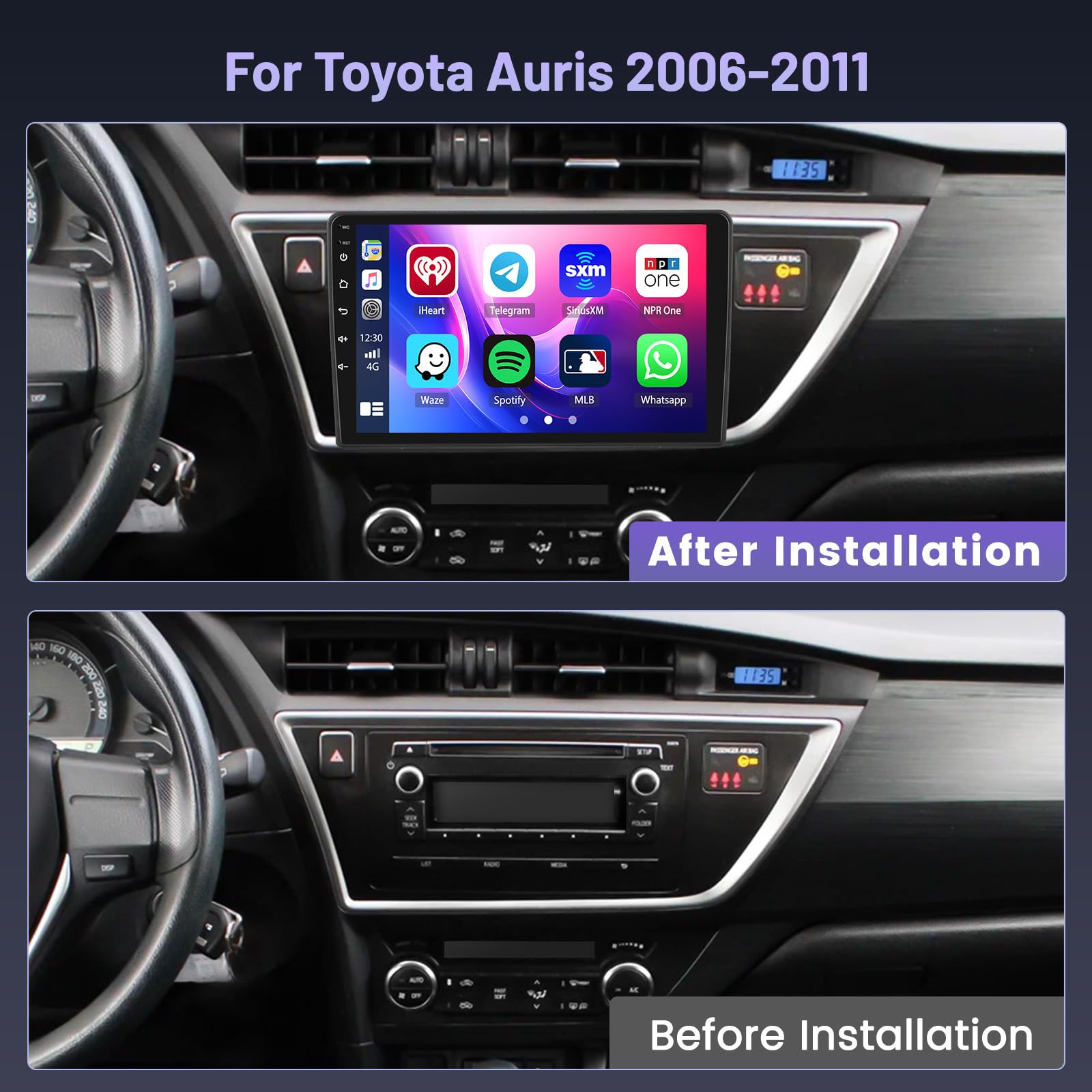 Hikity 5G WiFi 4+64G Android radio samochodowe do Toyoty Auris 2006-2011 Wireless Carplay Android Auto, 9-calowy ekran IPS radio samochodowe z nawigacją Bluetooth FM/RDS SWC kamera cofania