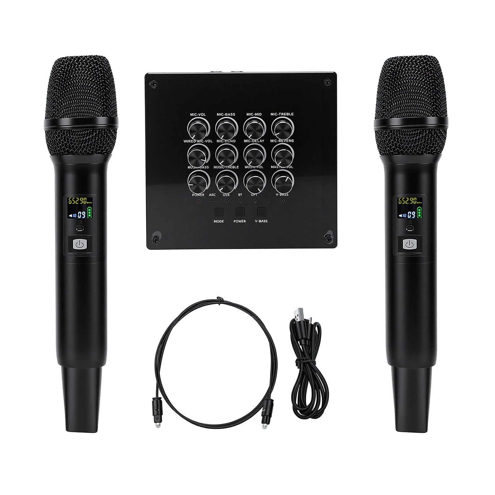 Fabater con Doppio Microfono Wireless Portatile per Karaoke e Discorsi, connettività Affidabile, Equalizzatore Integrato, Set di 2 Microfoni, Design Compatto