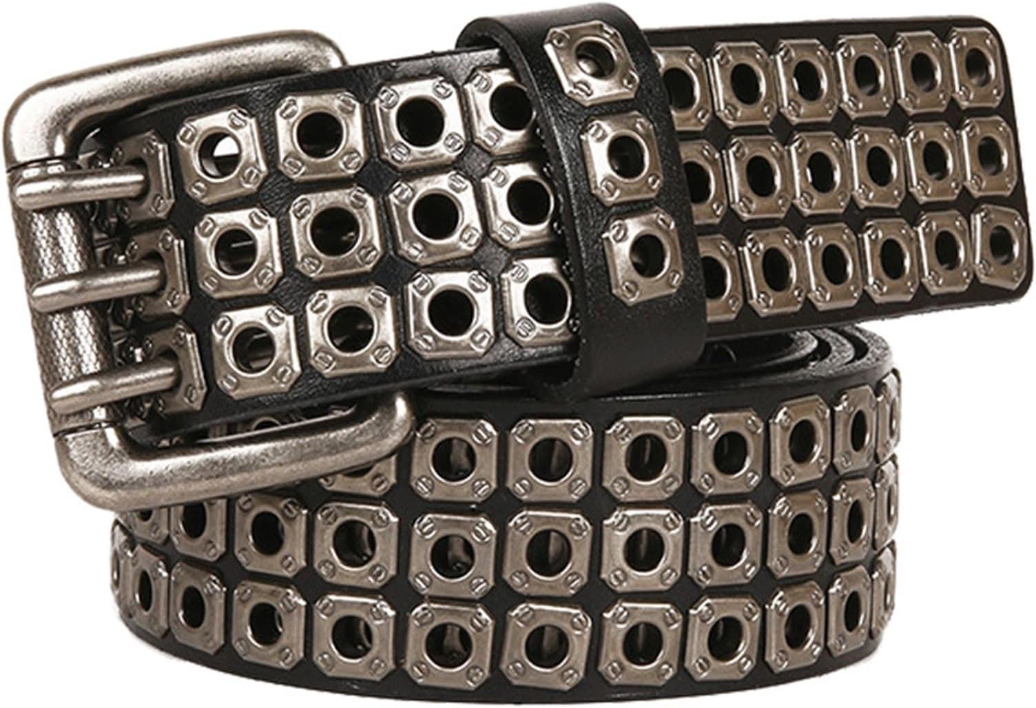 Leather Belts for Men Steam Eye Hollow Rivet Three Needle Buckle Belt Mens Belt for Casual Dress
