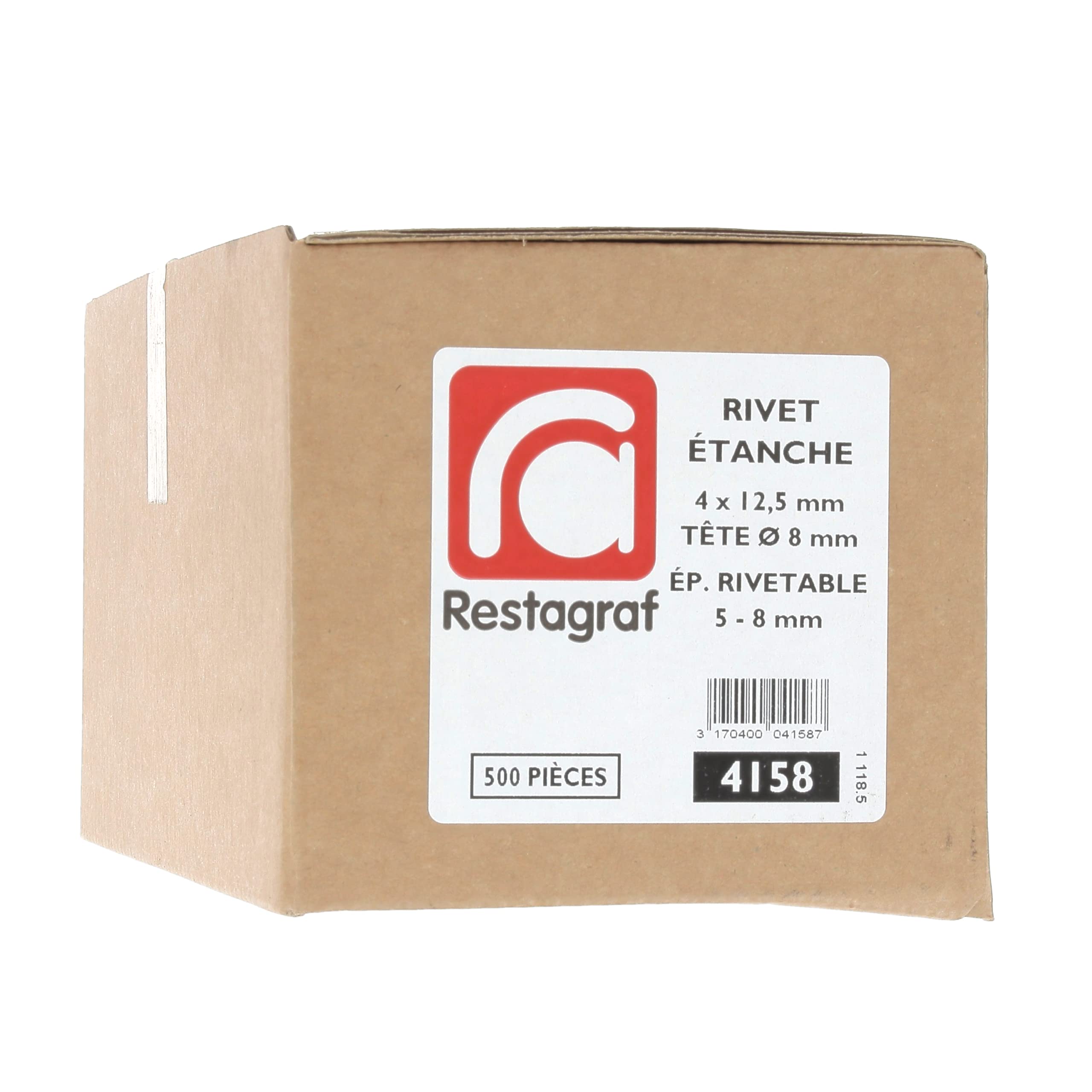 Restagraf - Rivet Étanche Aluminium & Tige Acier - Diamètre 4 mm - Longueur 12,5 mm - Réf. 4158 - Boîte de 500