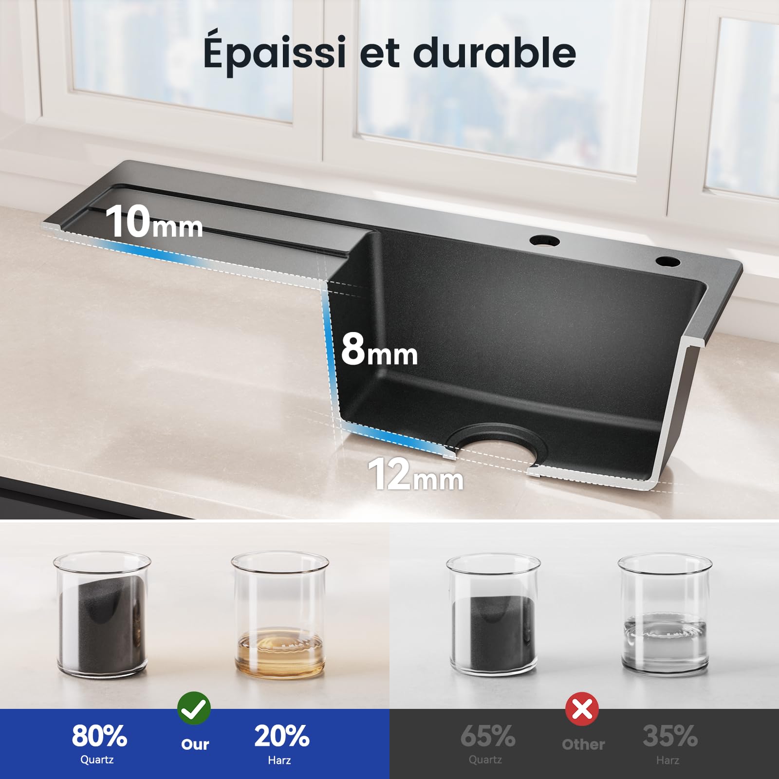 CECIPA Évier de cuisine 78 x 45 cm - Noir - En granit avec égouttoir - Pour armoires inférieures de 45 cm de large - Avec siphon et trop-plein