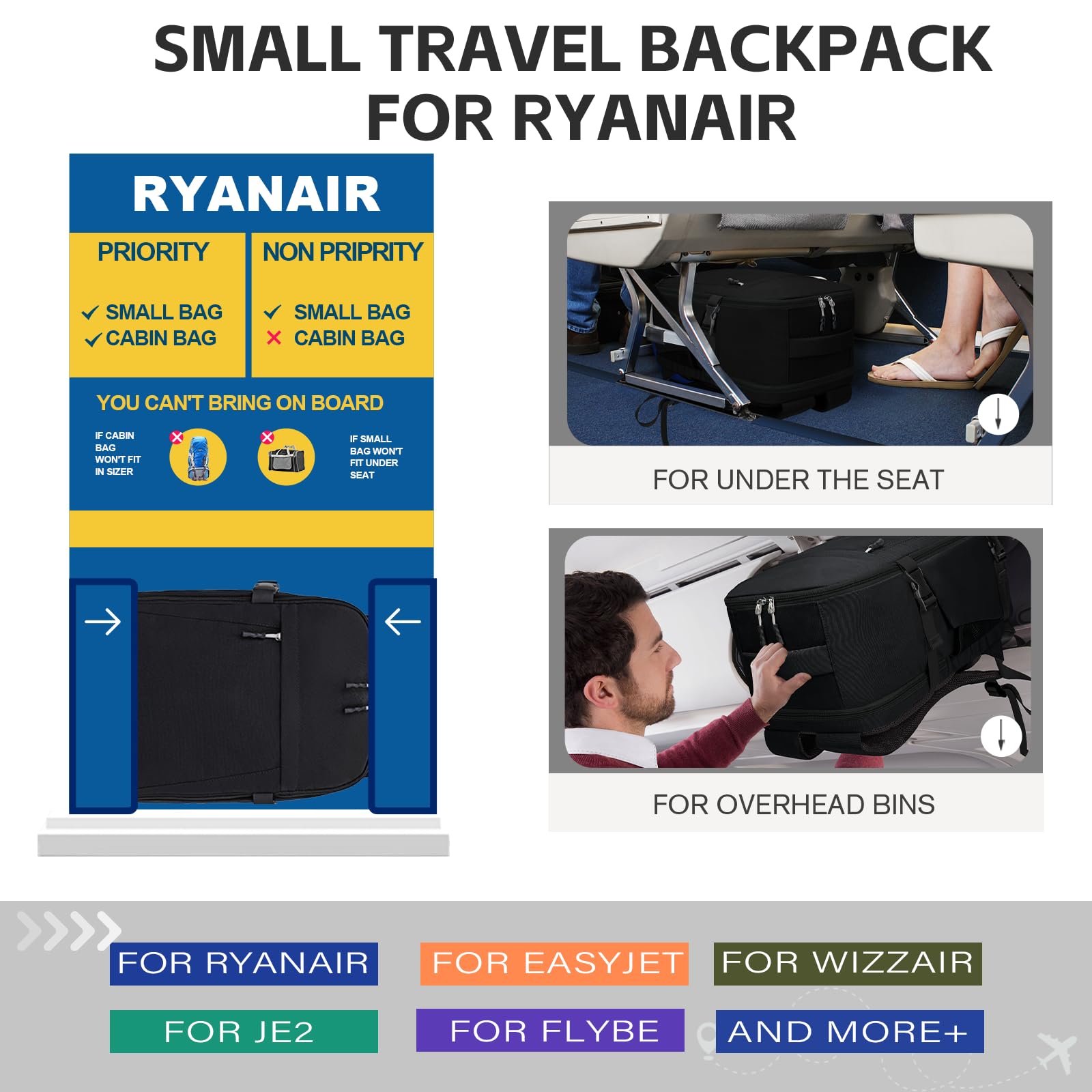 Hayayu Zaino Per Ryanair 40x30x20 40x20x25, Zaino Da Viaggio Aereo Bagaglio a Mano 40x30x20 per Wizzair per Easyjet 45x36x20,Borse Da Cabina Zainetto Donna Uomo Zaini Da Viaggio Con Foro USB