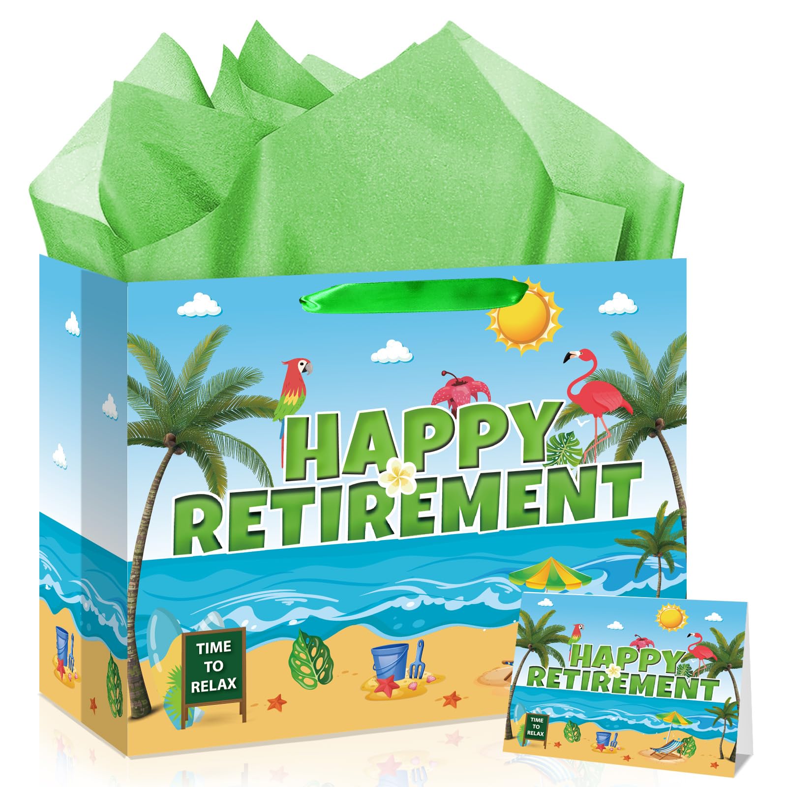 Hawaiian Retirement Gift Bag, Summer Beach Happy Retirement Party Favor Bag with Wrapping Paper Greeting Card Tropical Luau Gift Bag for Men Women