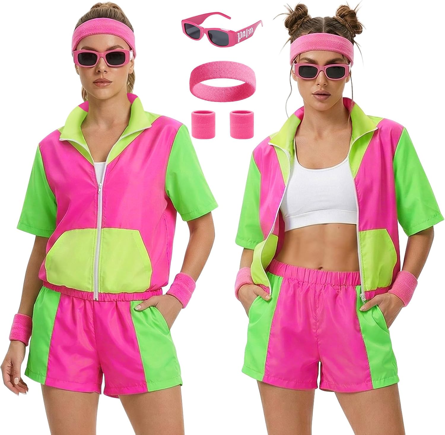 Women's Color Block 80s 90s Tracksuit,5 Pcs Short Sleeve Windbreaker with Yoga Headband Wristband Glasses