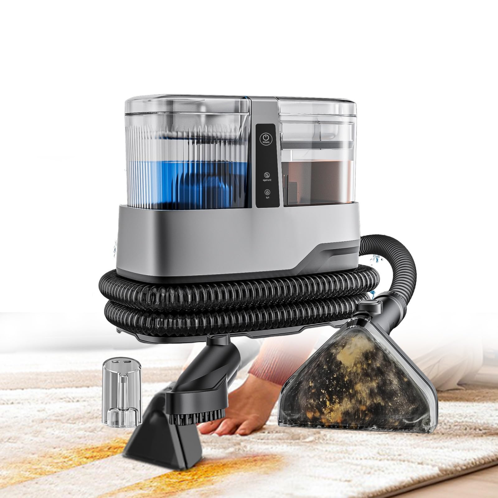 Limpiador de alfombras de 17 kpa, motor de 600 W, manguera autolimpiante, tanques duales, ideal para colchones, manchas difíciles, alfombras y telas para el hogar, diseño portátil