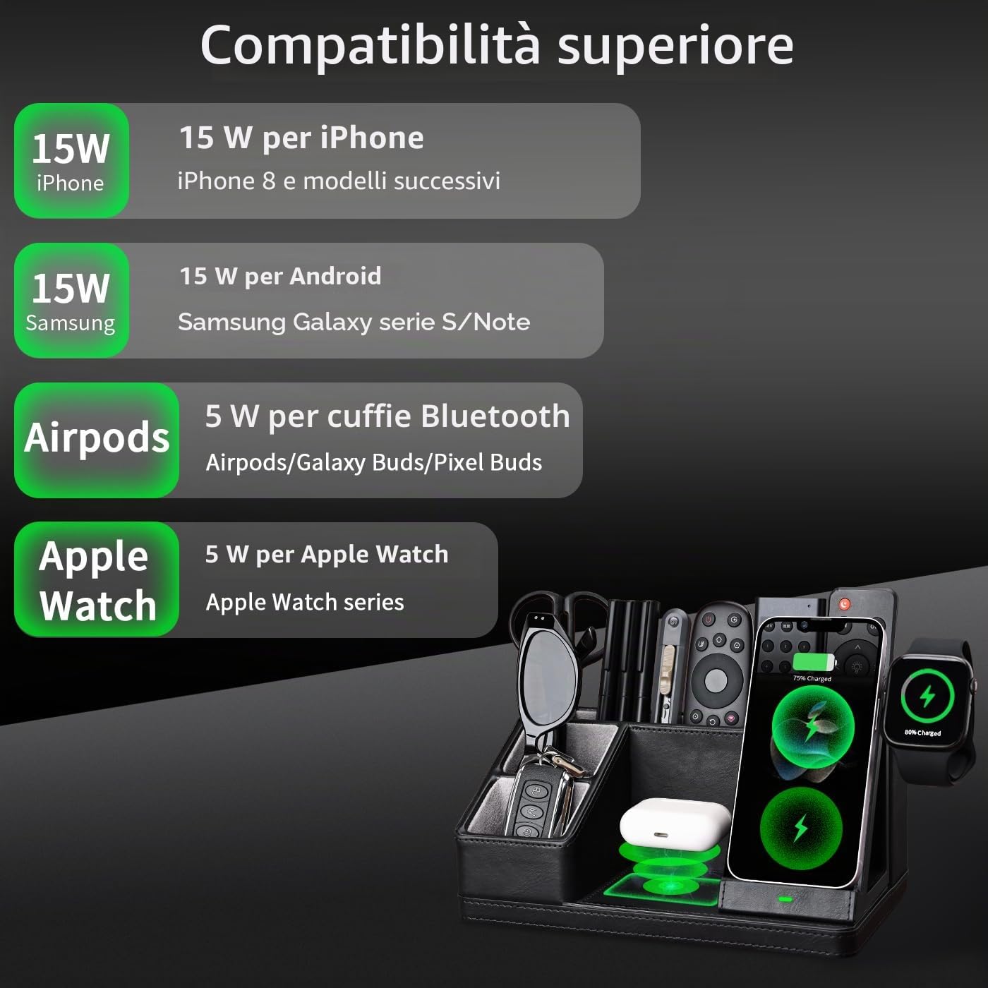 Stazione di ricarica induttiva 3 in 1 Wireless Charger per iPhone 15/14/13/12/11/Pro Max/Samsung Galaxy, stazione di ricarica per iWatch 9/8/7/6/5/4/SE, AirPods 3/2 con organizer da scrivania