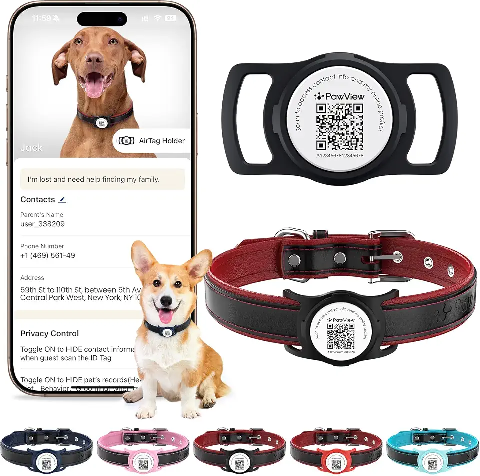 Coleira de Couro Legítimo para Cães com Capa Protetora de Silicone para AirTag, Plaquinha de Identificação, Rastreador Pet, Ajustável e Acolchoada, Cães de Pequeno Porte (Preto, M)