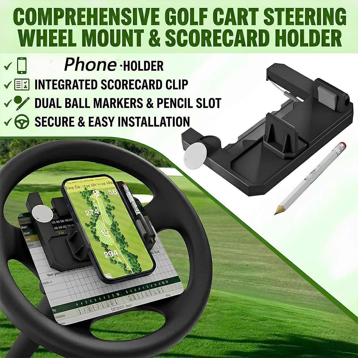 Golf Cart Steering Wheel Phone Holder, Flip Up Phone Holder with Scorecard Slot Secure Spring One‑Hand Operation Spring Quick Clamp for Club Car EZGO Yamaha — view 2