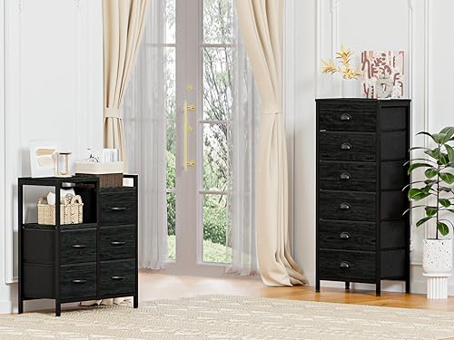 Miniatura 7 de Furnulem Cómoda alta con 6 cajones, mesita de noche vertical y cómoda para dormitorio, muebles negros con cajón de tela, mesita de noche, unidad