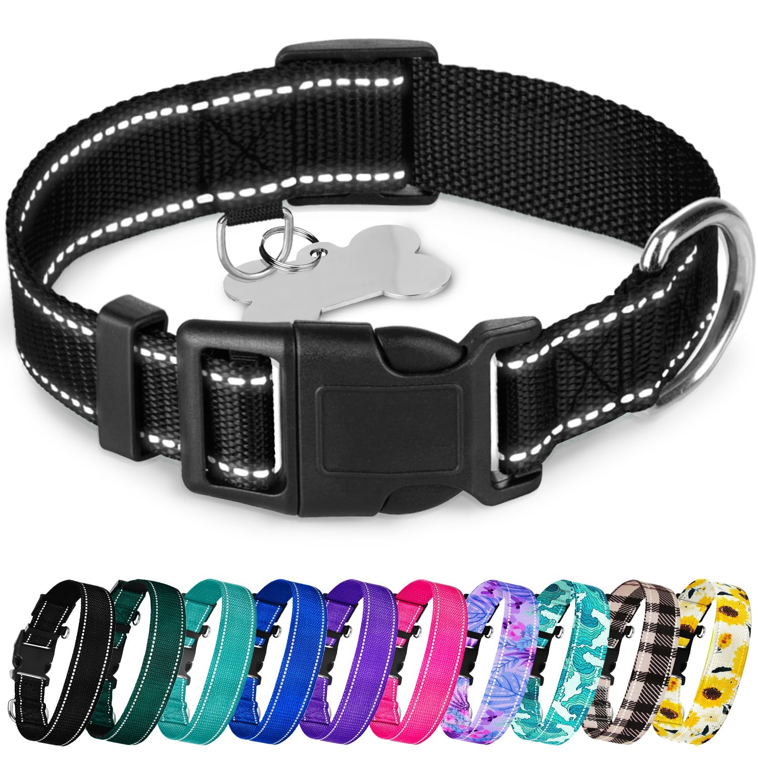 TECEUM Reflective Dog Collar – Black – L – Basic Nylon Pet Collar – Quick Release Buckle – Fits Small, Medium and Large Dogs, Puppies, Cats – ESA & Service Dog Options
