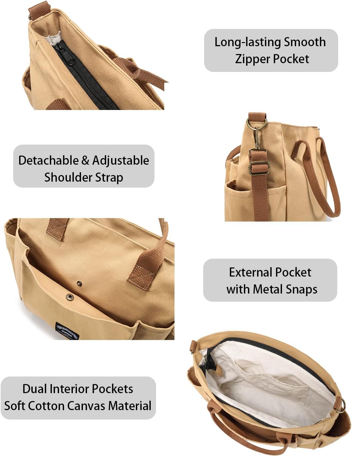 Utility 16oz Cotton Canvas Tote Bag for Women, Casual Crossbody Handbags, Shopping Shoulder Bags with Zipper Pockets - Image 5